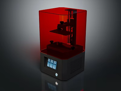 Office Appliance 3D Printer Featuring Red Transparent Cover Black Base and Digital 3d model