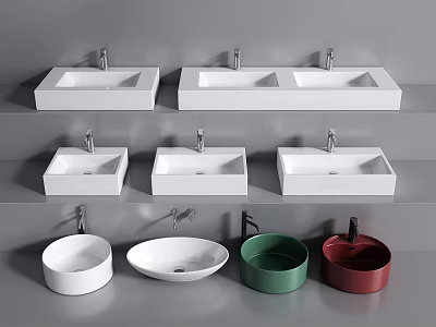 Diverse Style Square and Round Washbasins in White Green Red Colors and Modern Designs 3d model