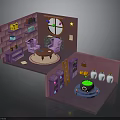 Witchs Room Interior With Pink Brick Walls Round Window Purple Armchairs Bookshelf Ladder And Cauldron