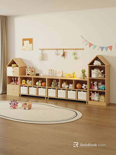 Wooden House Shaped Toy Storage Shelf in Kids Room with Drawers and Stuffed Toys 3d model 