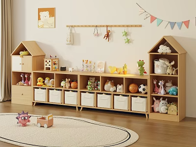 Wooden House Shaped Toy Storage Shelf in Kids Room with Drawers and Stuffed Toys 3d model