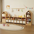 Wooden House Shaped Toy Storage Shelf in Kids Room with Drawers and Stuffed Toys