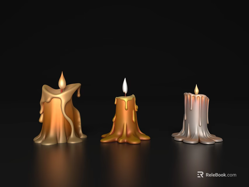 Lit Candle Lamps With Dripping Wax In Different Colors On Black Background 3d model 