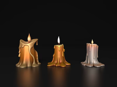 Lit Candle Lamps With Dripping Wax In Different Colors On Black Background 3d model