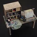Vintage Functional Table with Paint Cans Cabinet Roller and Cloth Tools 3d model