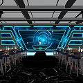 Modern Hi Tech Bar Interior With Blue Lighting Large Screen And Bar Counter