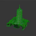 Traditional Chinese Multi tiered Pagoda with Curved Eaves Red Accents Surrounded by Green Plants