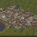 Aerial View Planning of Residential Community with Red Roof Buildings Green Areas and Water Bodies