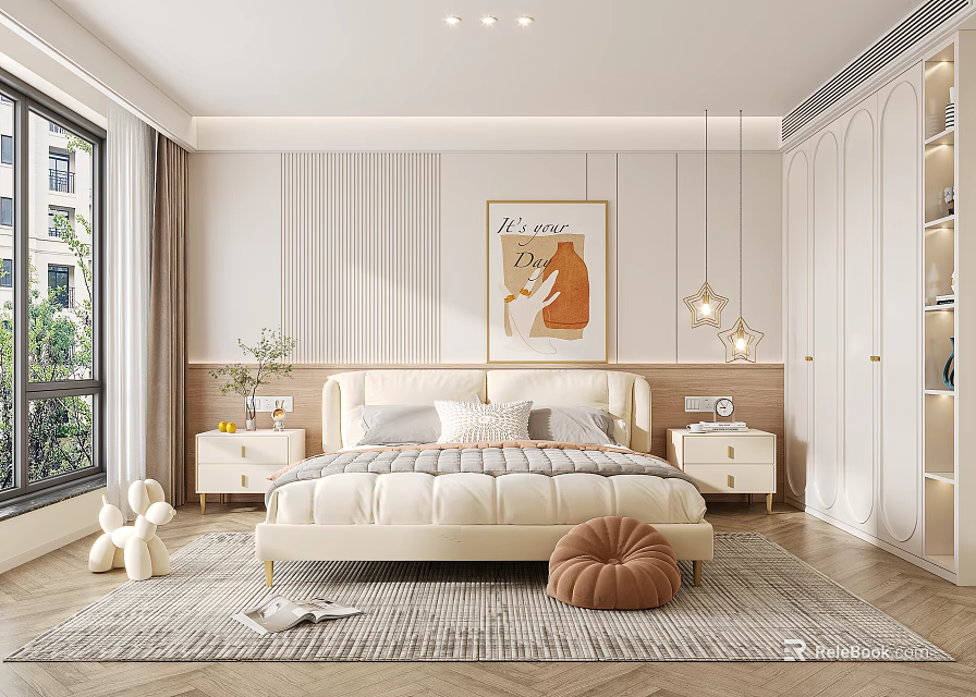 Cozy Modern Bedroom Interior Design With Soft Bed Nightstands Pendant Lights Rug And Wall Art 3d model 