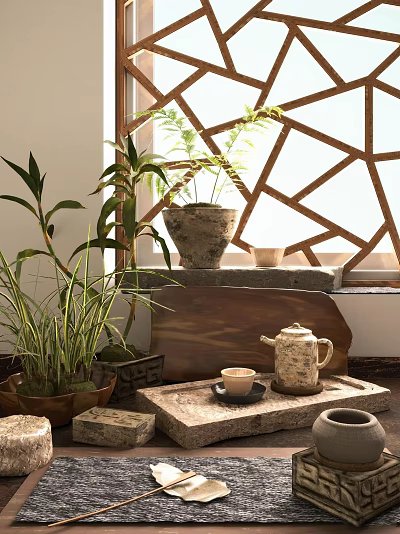 Tea Set with Teapot and Cup on Wooden Tray by Bamboo Plants and Geometric Window 3d model