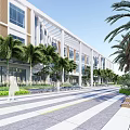 Modern Hotel Building with Palm Trees Water Fountain Glass Facade and White Pergola Landscaping