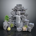 Garden Ornament Stone Rockery With Flowing Waterfall And Surrounding Decorative Plants