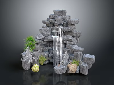 Garden Ornament Stone Rockery With Flowing Waterfall And Surrounding Decorative Plants 3d model