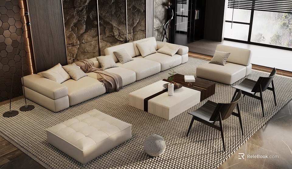 Modern Beige Sofa Coffee Table Set With Ottoman Pillows Throw Blanket And Woven Rug 3d model 