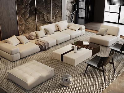 Modern Beige Sofa Coffee Table Set With Ottoman Pillows Throw Blanket And Woven Rug 3d model