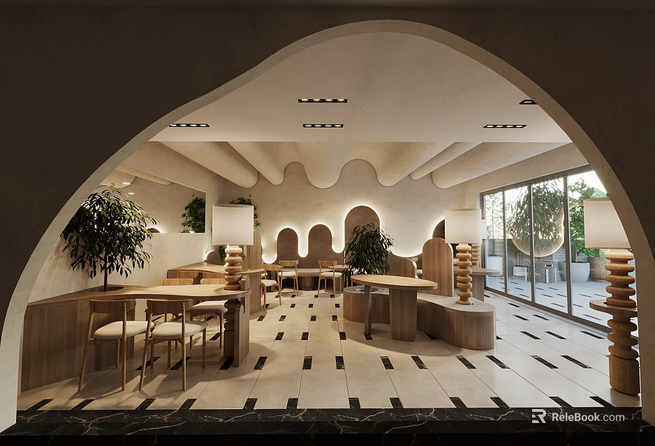 Modern Dessert Shop Interior With Arched Design Wooden Furniture Green Plants And Marble Floor 3d model 