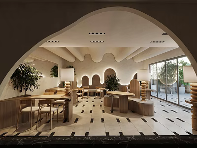Modern Dessert Shop Interior With Arched Design Wooden Furniture Green Plants And Marble Floor 3d model
