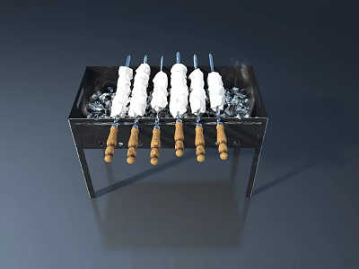 Grill With Skewers And Ice Cubes On Black Metal Frame With Wooden Handles 3d model