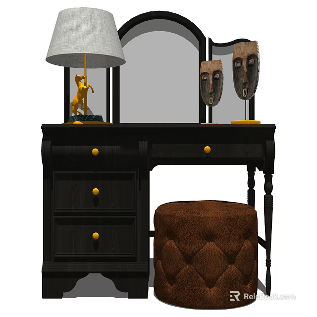 Black Vintage Dressing Table with White Lampshade Mirror Decorative Masks Drawers and Brown Tufted Stool 3d model 