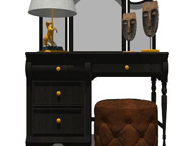Black Vintage Dressing Table with White Lampshade Mirror Decorative Masks Drawers and Brown Tufted Stool 3d model