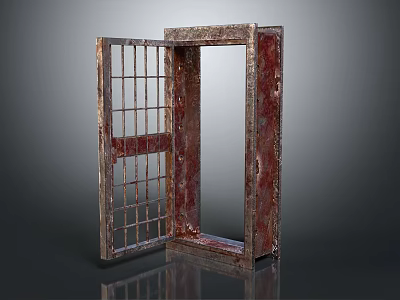 Vintage Rusty Metal Gate with Red Frame and Open Grid Structure 3d model