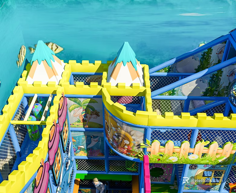 Commercial Playground Equipment with Blue and Yellow Castle Structures Net Enclosures Slides and Decorative Paintings 3d model 