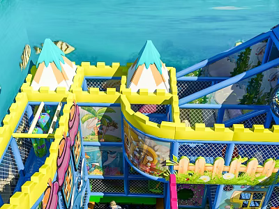 Commercial Playground Equipment with Blue and Yellow Castle Structures Net Enclosures Slides and Decorative Paintings 3d model