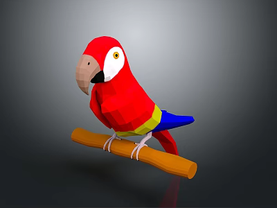 Vibrant Red Parrot With Blue And Yellow Feathers Perched On Wooden Branch 3d model