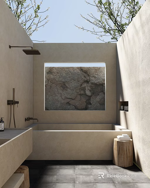 Hotel Bathroom Interior With Beige Walls Large Window Rocky Landscape View And Bathtub 3d model 
