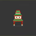Cartoon Style Two Story Traditional Chinese Building With Green Roof Red Pillars And Windows