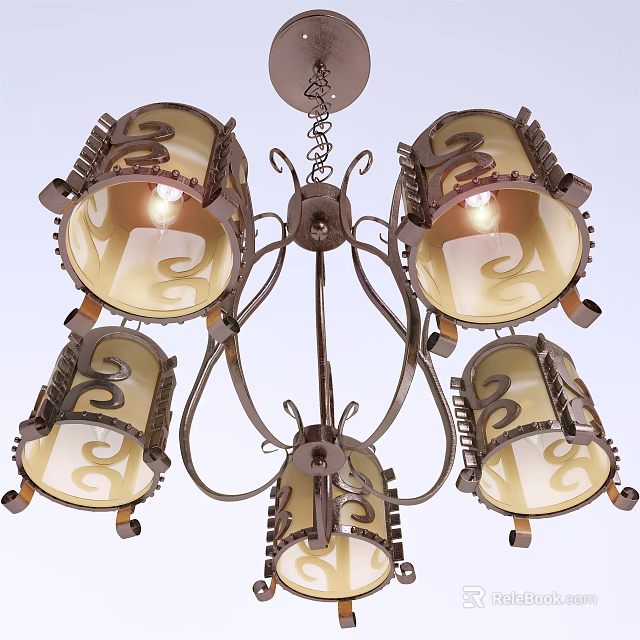 Vintage Metal Chandelier With Five Decorative Glass Shades And Intricate Patterns 3d model 