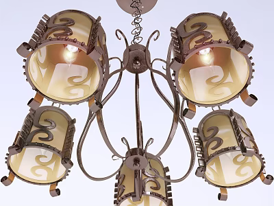 Vintage Metal Chandelier With Five Decorative Glass Shades And Intricate Patterns 3d model