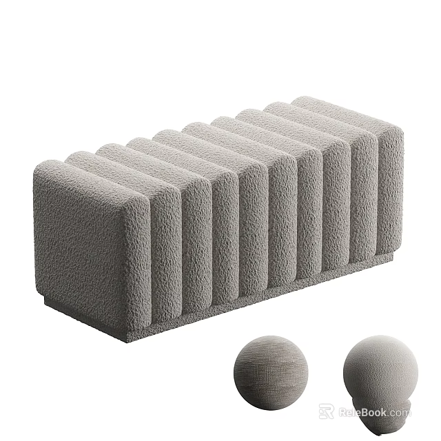 Gray Textured Fabric Ottoman Stool With Vertical Stripes And Matching Decorative Balls For Living Room 3d model 
