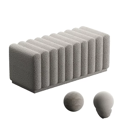 Gray Textured Fabric Ottoman Stool With Vertical Stripes And Matching Decorative Balls For Living Room 3d model