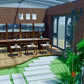 Villa Balcony with Glass Roof Pendant Lights Brick Wall Green Plants Outdoor Seating Mountain View