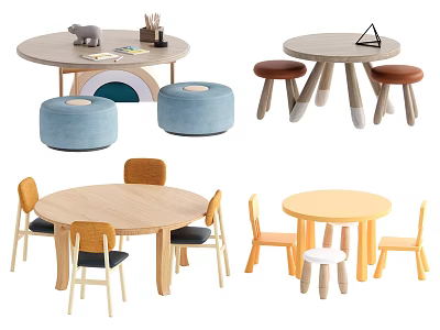 Round Wooden Children's Table With Colorful Chairs And Stools For Kids 3d model