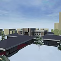 Modern Hotel Building Exterior With Grey Facade Surrounding Trees And Urban Skyline