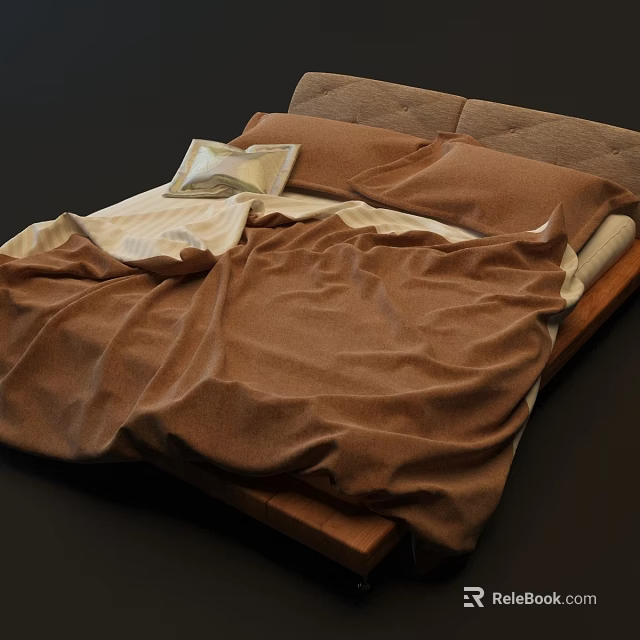 Cozy Double Bed With Brown Bedspread Soft Pillows And Upholstered Headboard 3d model 