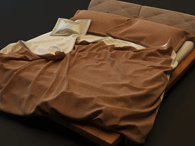 Cozy Double Bed With Brown Bedspread Soft Pillows And Upholstered Headboard 3d model