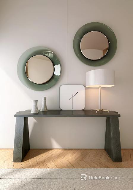 Modern Console Table with Green Circular Mirrors White Square Clock and Table Lamp Gray Vases 3d model