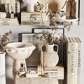 Natural Minimalist Decorative Ornament Combinations With Dried Flowers Vases And Books On Shelves