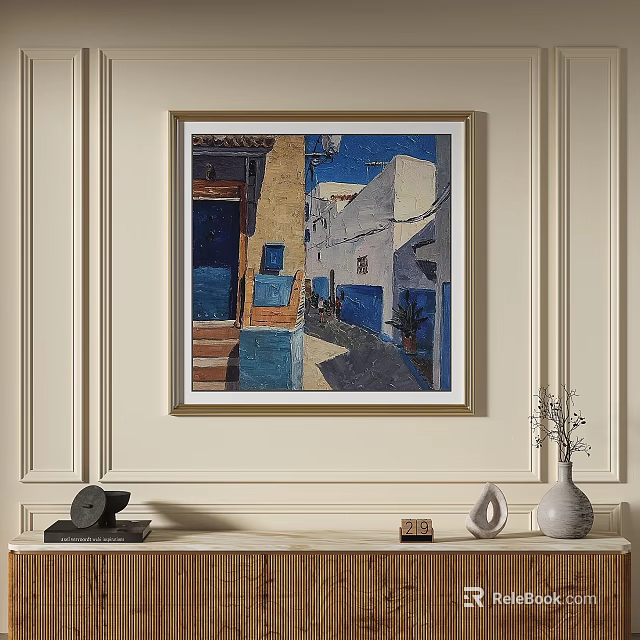 Vibrant Abstract Painting With Blue Yellow Hues Golden Frame Light Shadow Effects On Light Wall 3d model 