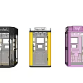Public Telephone Booths In Black Yellow Purple Colors With Seats And Communication Equipment