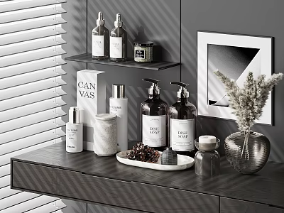 Modern Perfume Cosmetics Setup On Dark Counter With Shelves Candles Dried Plants And Wall Art 3d model