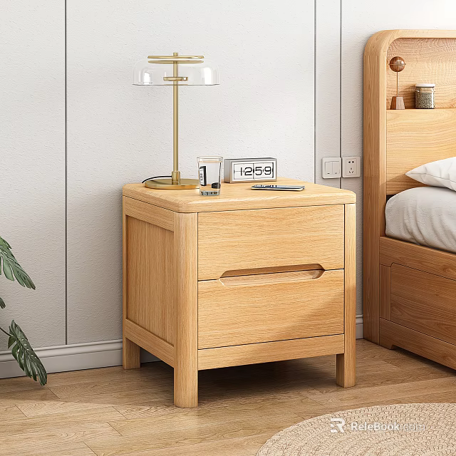 Wooden Nightstand With Drawer Beside Bed In Bedroom Featuring Lamp Clock On Top 3d model 