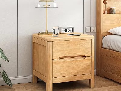 Wooden Nightstand With Drawer Beside Bed In Bedroom Featuring Lamp Clock On Top 3d model