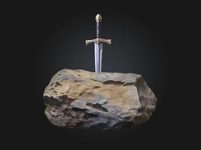 Ancient Sword With Wooden Hilt Embedded In Large Stone Structure 3d model