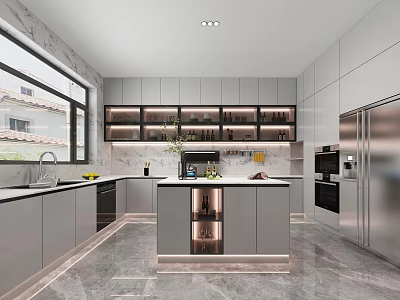 Modern Kitchen Interior With Marble Island Cabinets Stainless Steel Appliances And Recessed Lighting 3d model