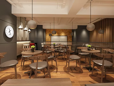 Coffee Shop Interior With Wooden Tables Chairs Pendant Lights And Green Decorative Plants 3d model