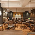 Coffee Shop Interior With Wooden Tables Chairs Pendant Lights And Green Decorative Plants